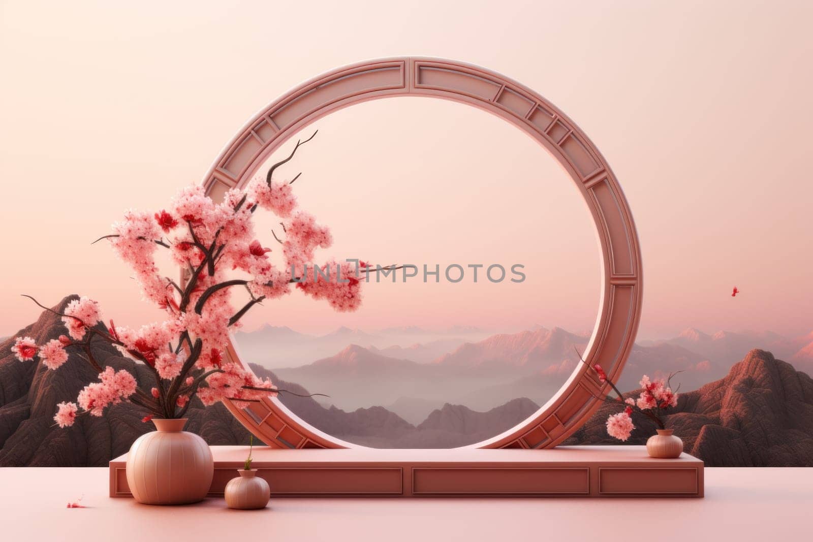Chinese new year minimal clean spread out arch and podium background. Generative AI.