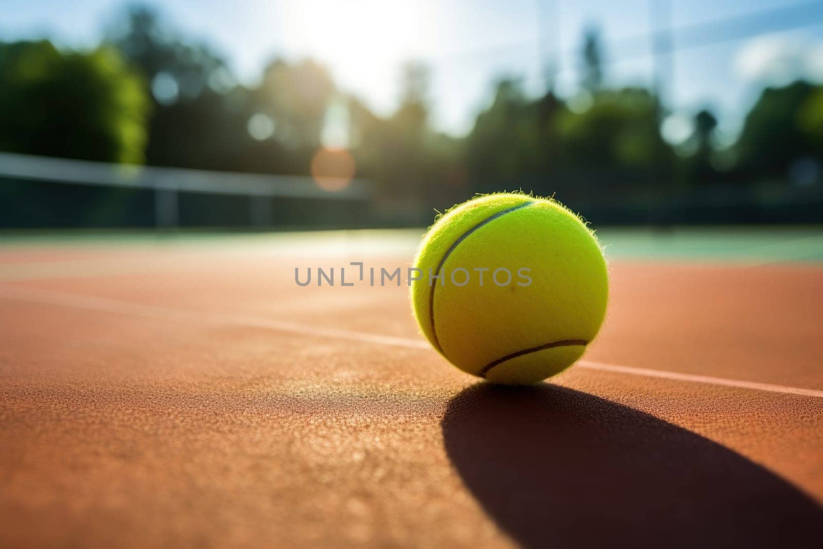Tennis ball on the court ground. Generative AI.