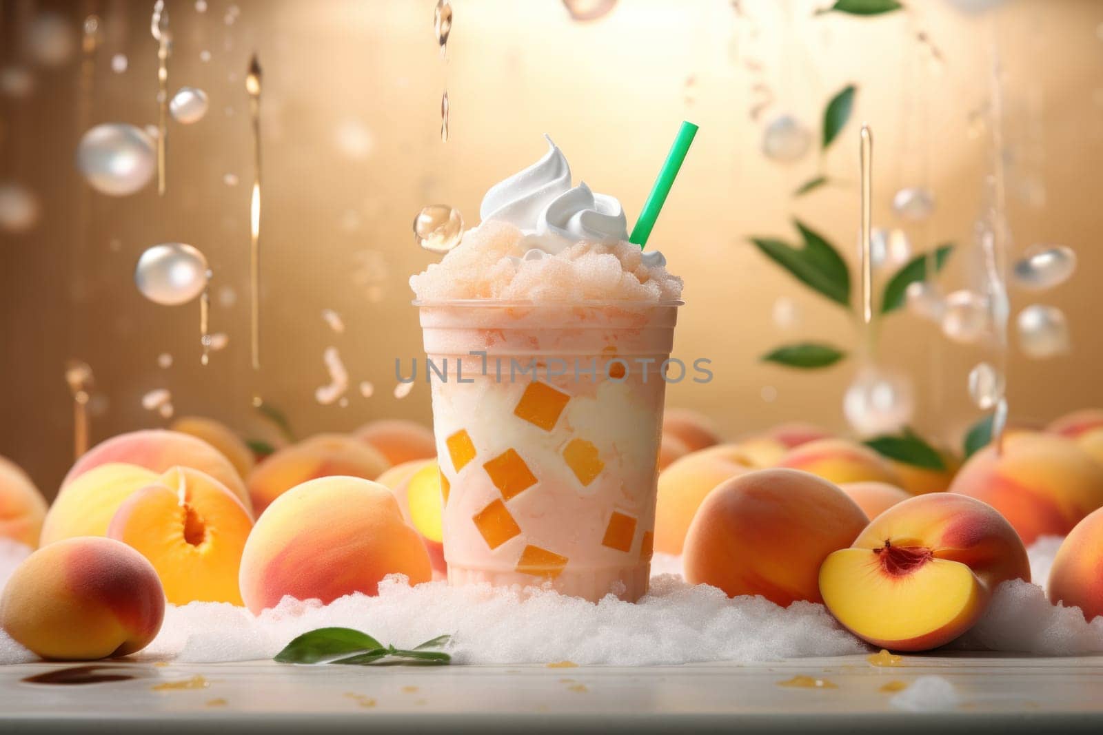 Peach smoothie frappe effect swirling wave Peach milk splash around glass. Generative AI.