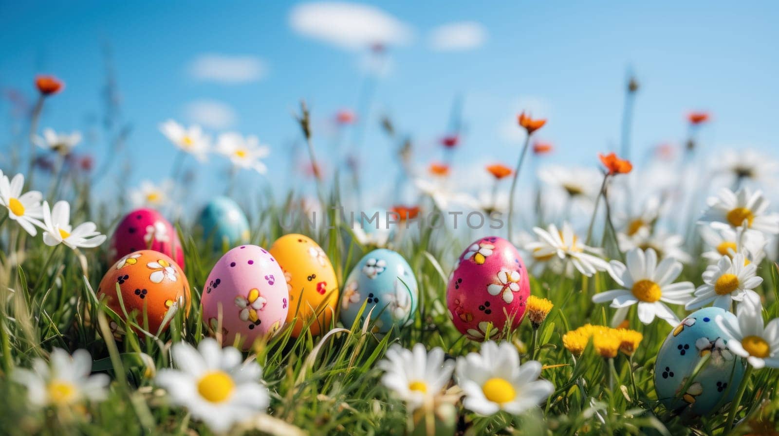 Colorful Easter eggs decorated with flowers in the grass on blue sky. Generative AI.