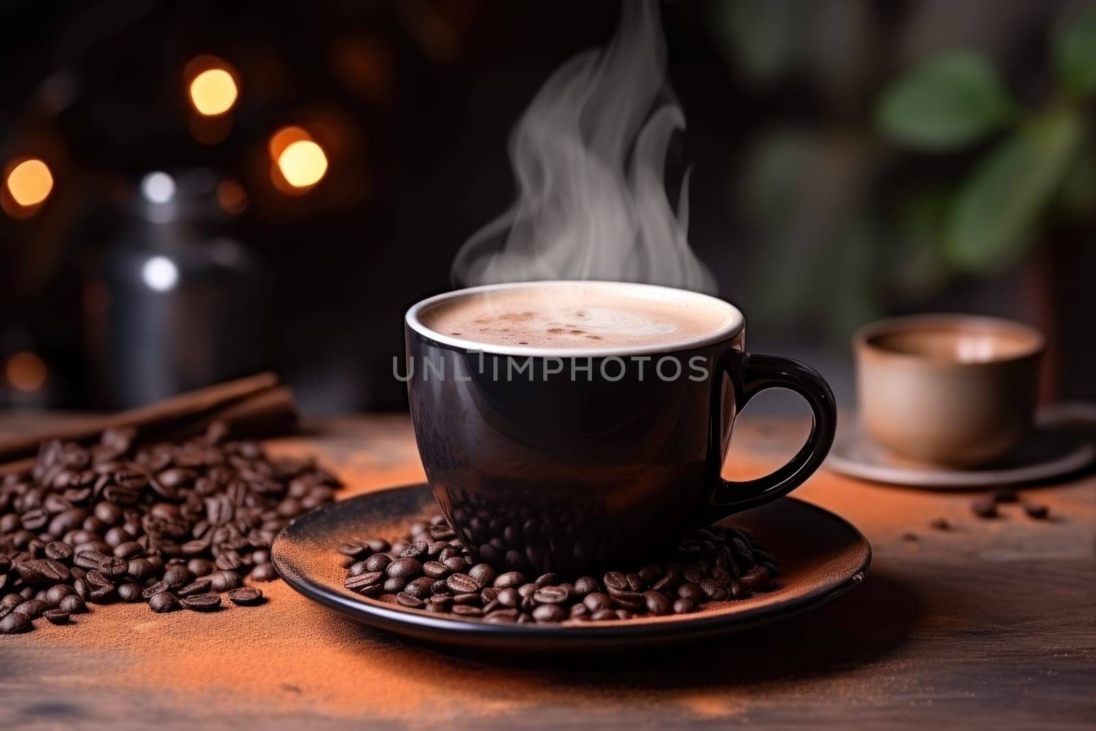 Steaming cup of coffee stands on a wooden counter. Generative AI.