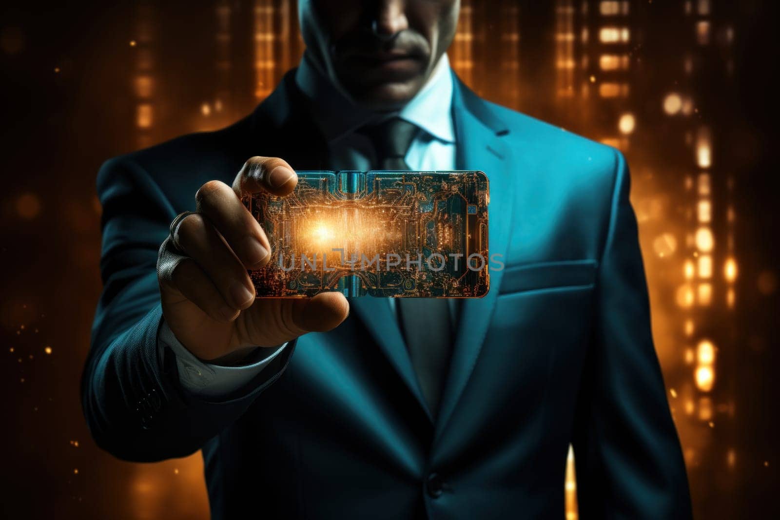 A business man holding a digital business card with smart technology. Generative AI.