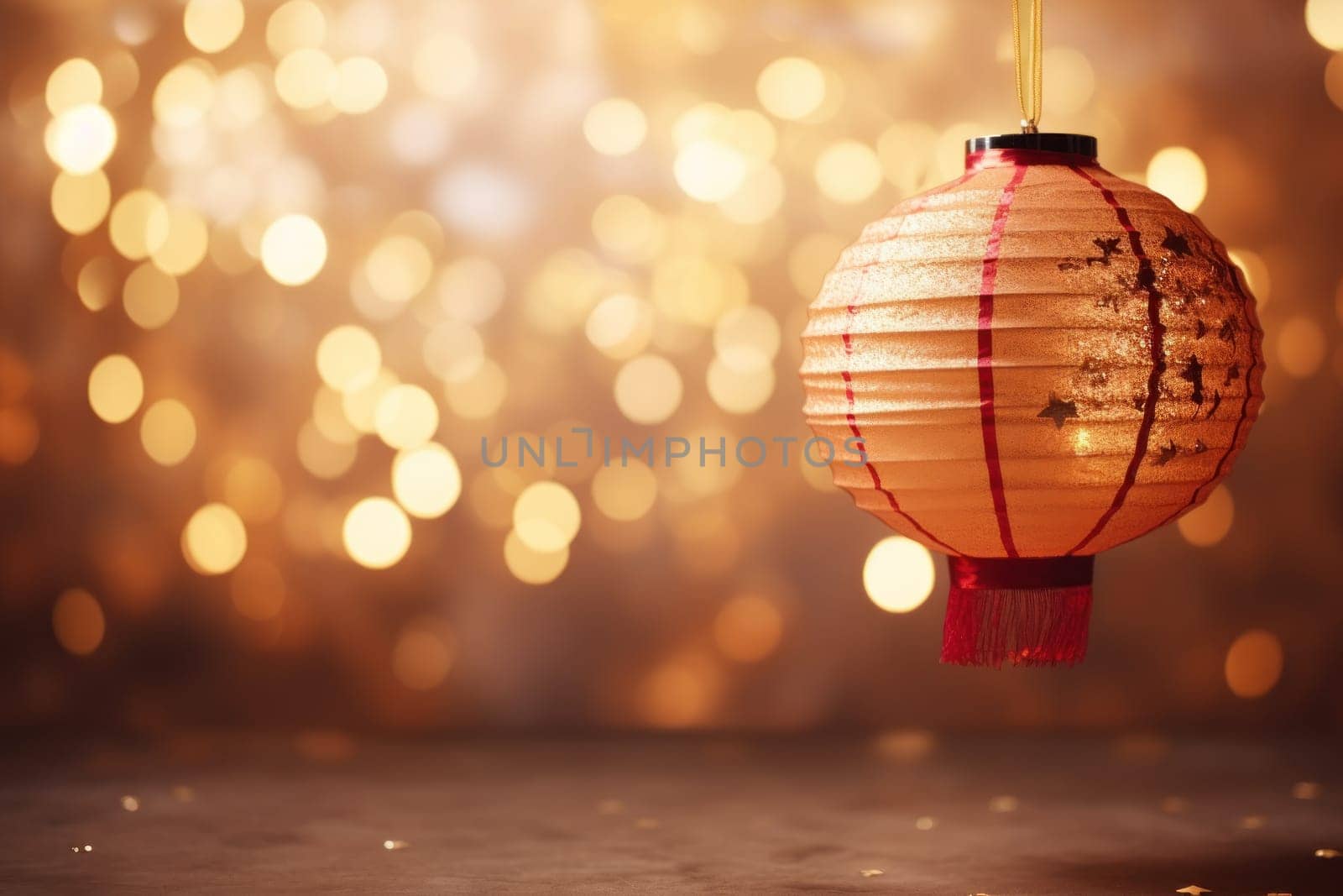 Chinese New Year photo realistic Lantern on glitter gold paper Background. Generative AI.