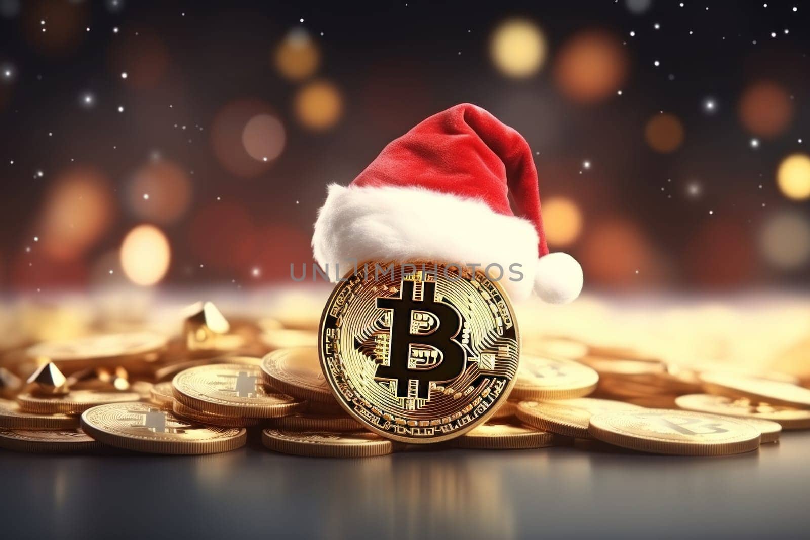 Bitcoin wearing Santa hat Christmas background. Generative AI.
