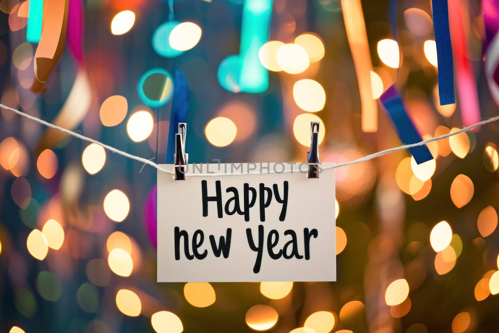Happy new year with confetti on a colorful blurry background. Generative AI.