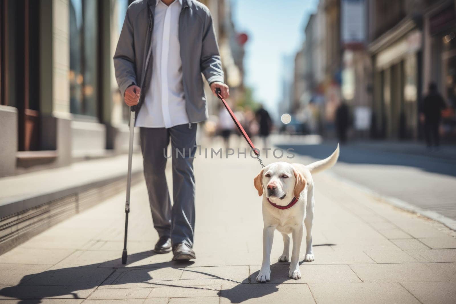 Blind man walking accompanied by his beloved dog. Generative AI.