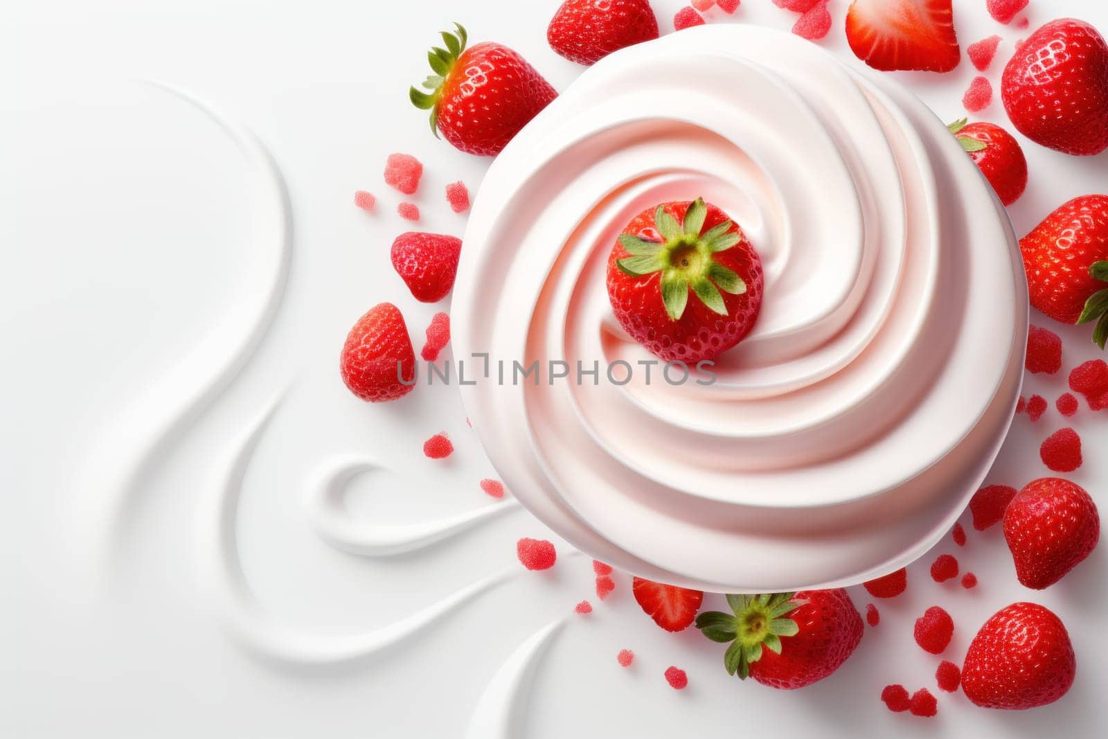 Floating yoghurt swirl with strawberries isolates background. Generative AI.