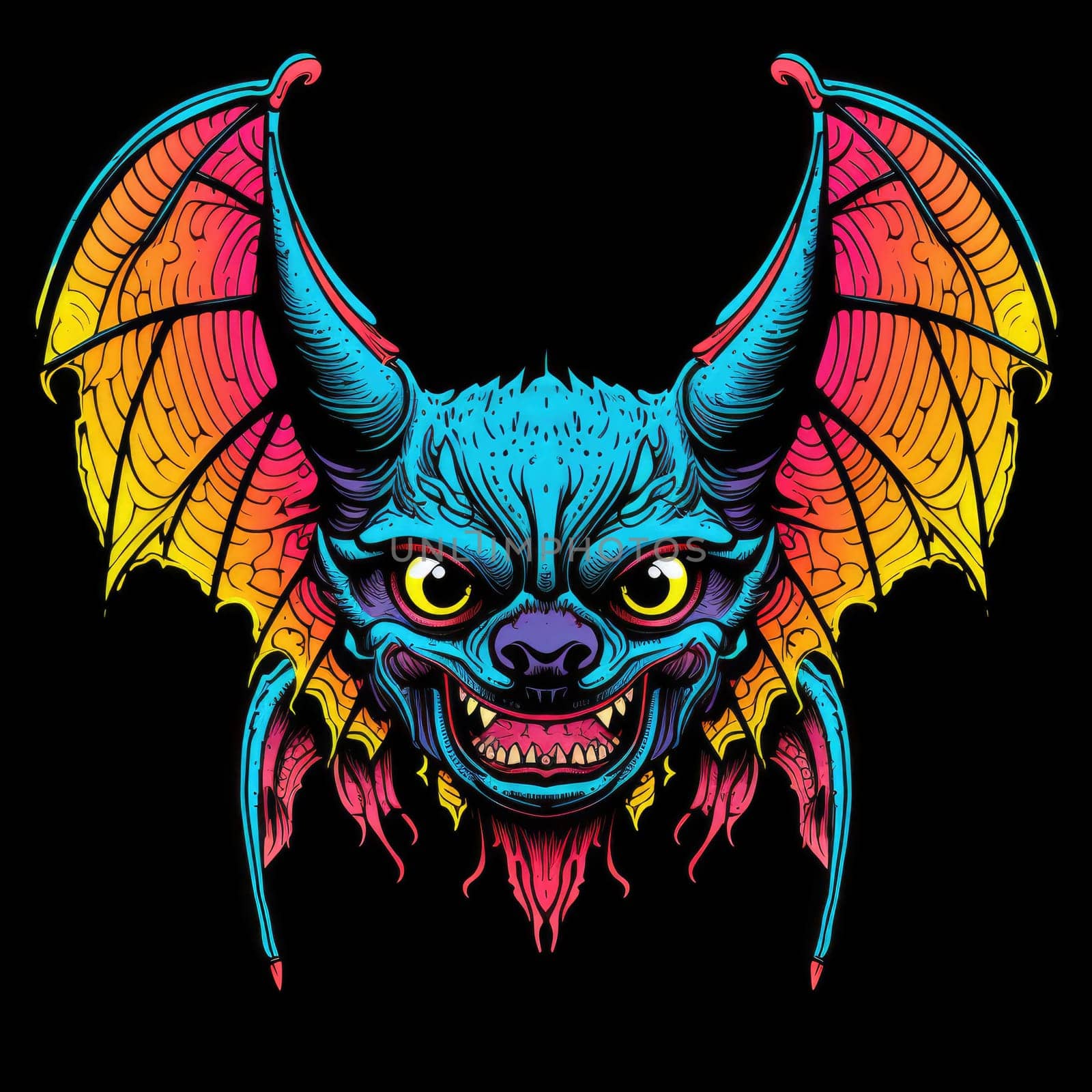 An ominous bat with wings spread. Surrealistic image of a flying vampire monster. Template for poster, t-shirt, sticker, etc.