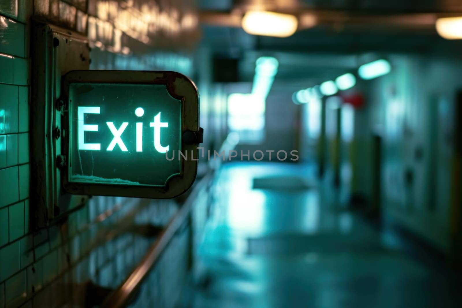 Exit sign glowing in green. Generative AI.