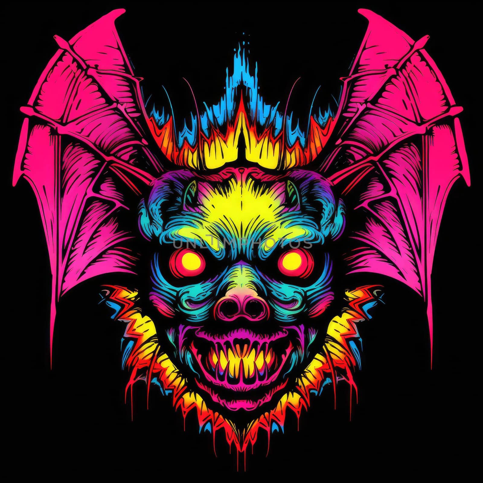 An ominous bat with wings spread. Surrealistic image of a flying vampire monster. Template for poster, t-shirt, sticker, etc.