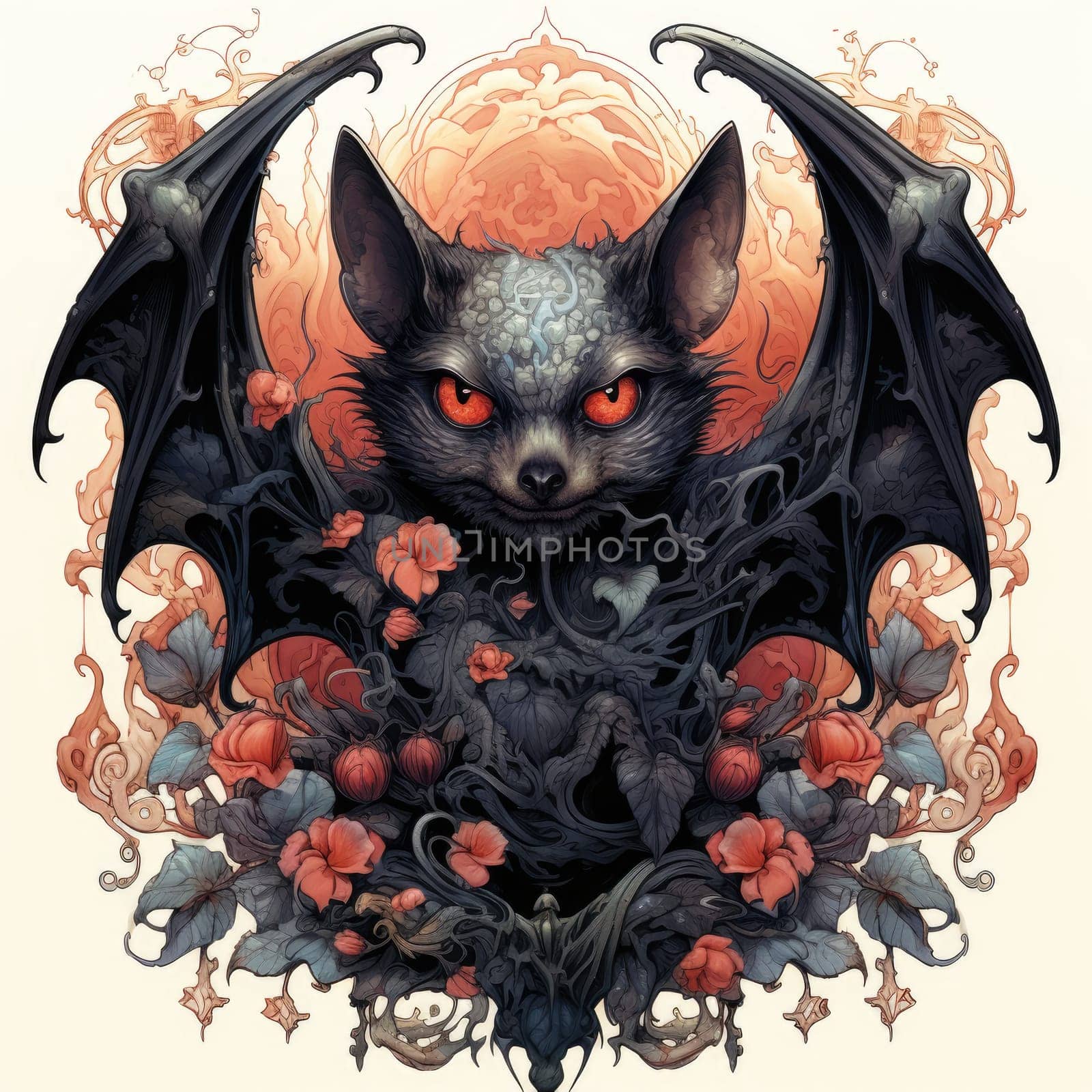 An ominous bat with wings spread. Surrealistic image of a flying vampire monster. Template for poster, t-shirt, sticker, etc.