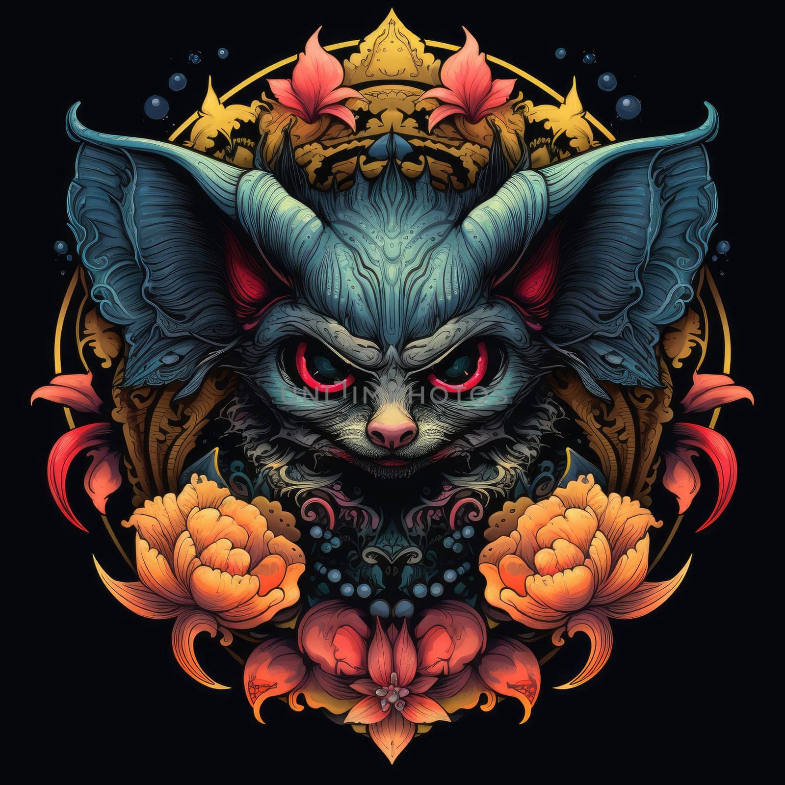 An ominous bat with wings spread. Surrealistic image of a flying vampire monster. Template for poster, t-shirt, sticker, etc.
