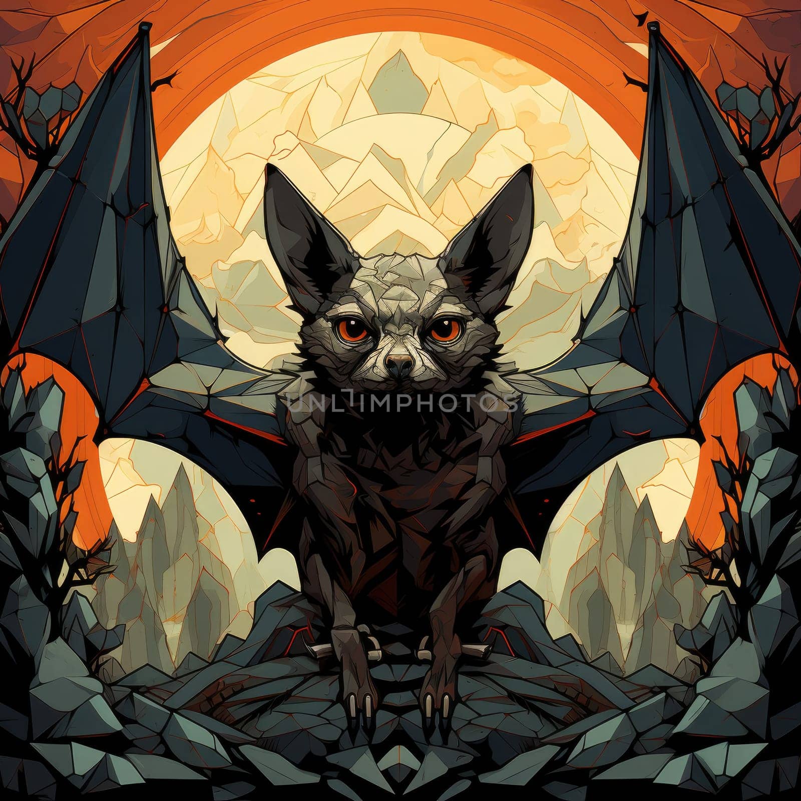 An ominous bat with wings spread. Surrealistic image of a flying vampire monster. Template for poster, t-shirt, sticker, etc.