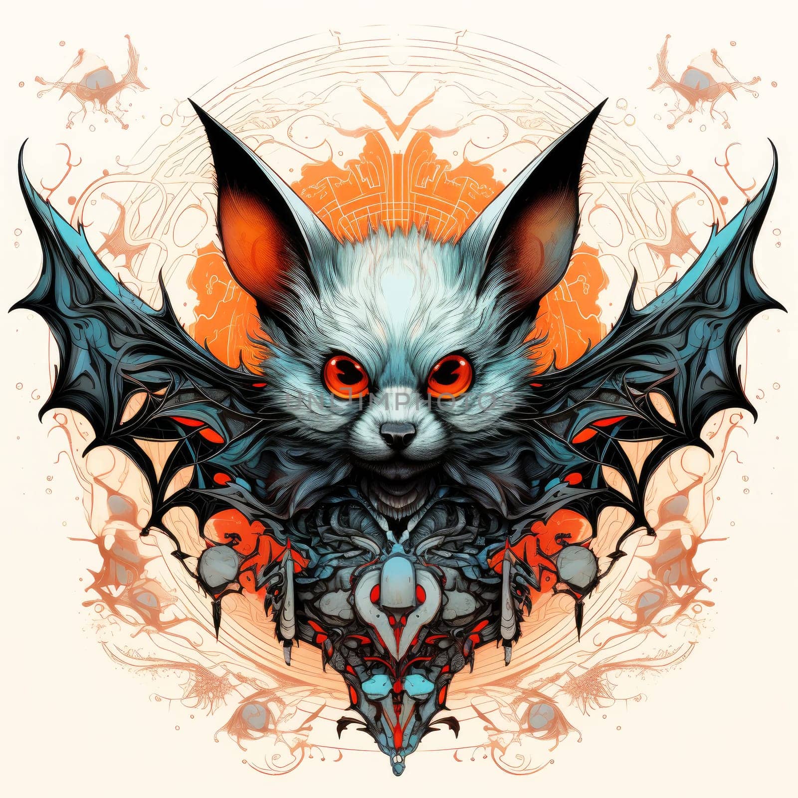 An ominous bat with wings spread. Surrealistic image of a flying vampire monster. Template for poster, t-shirt, sticker, etc.
