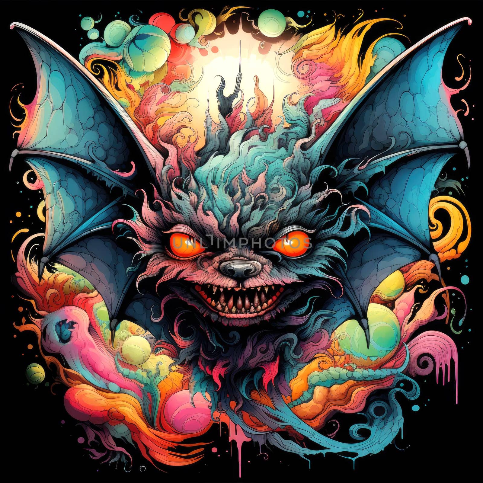 An ominous bat with wings spread. Surrealistic image of a flying vampire monster. Template for poster, t-shirt, sticker, etc.