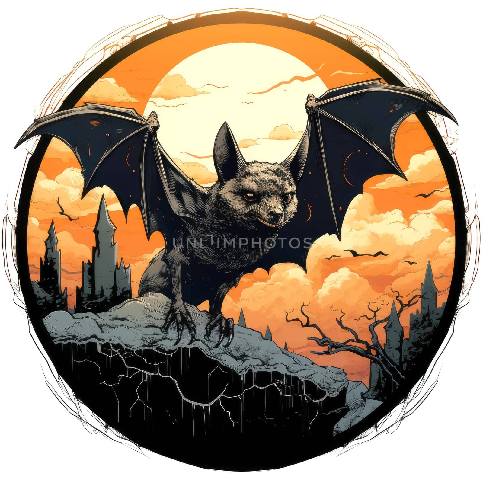 An ominous bat with wings spread. Surrealistic image of a flying vampire monster. Template for poster, t-shirt, sticker, etc.