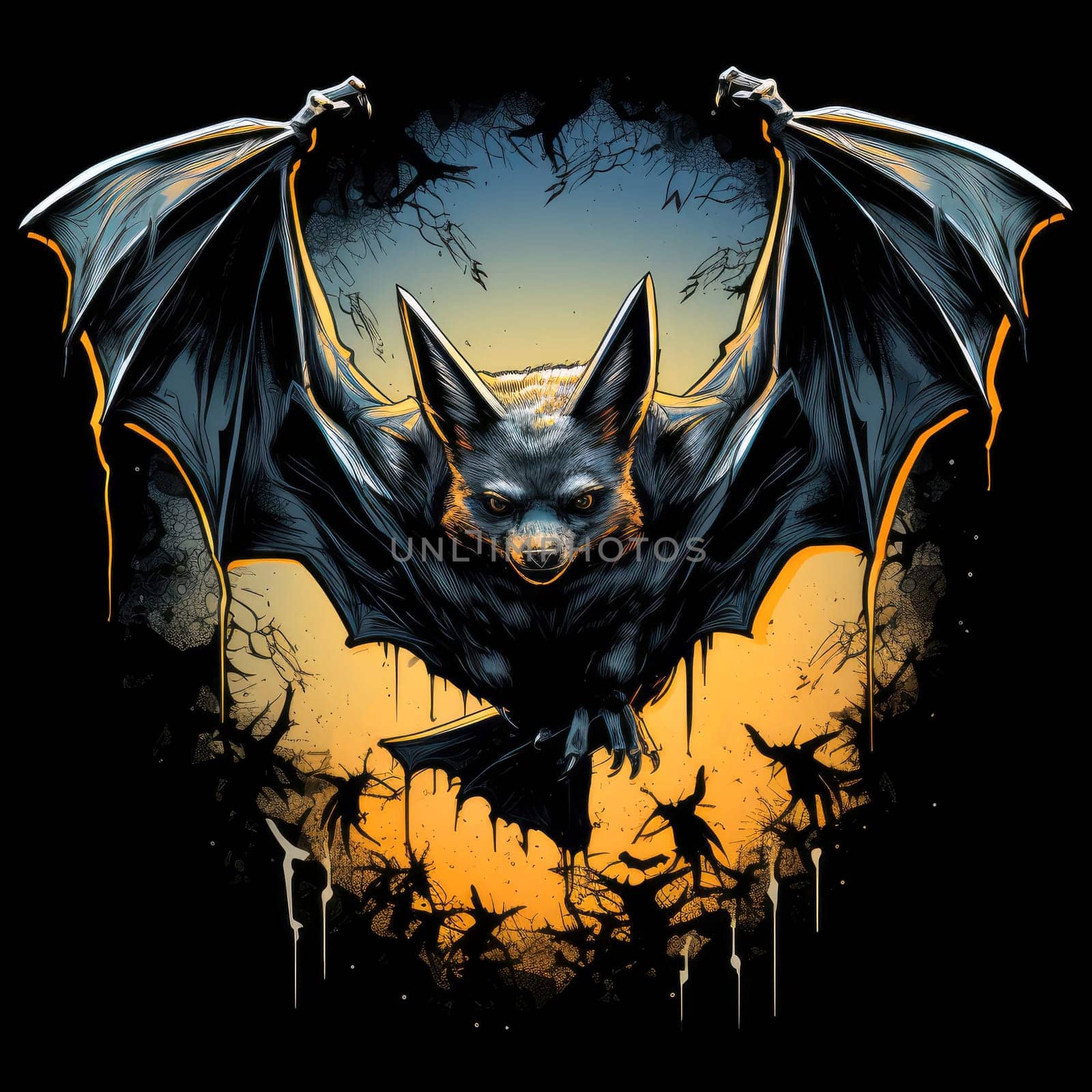 An ominous bat with wings spread. Surrealistic image of a flying vampire monster. Template for poster, t-shirt, sticker, etc.