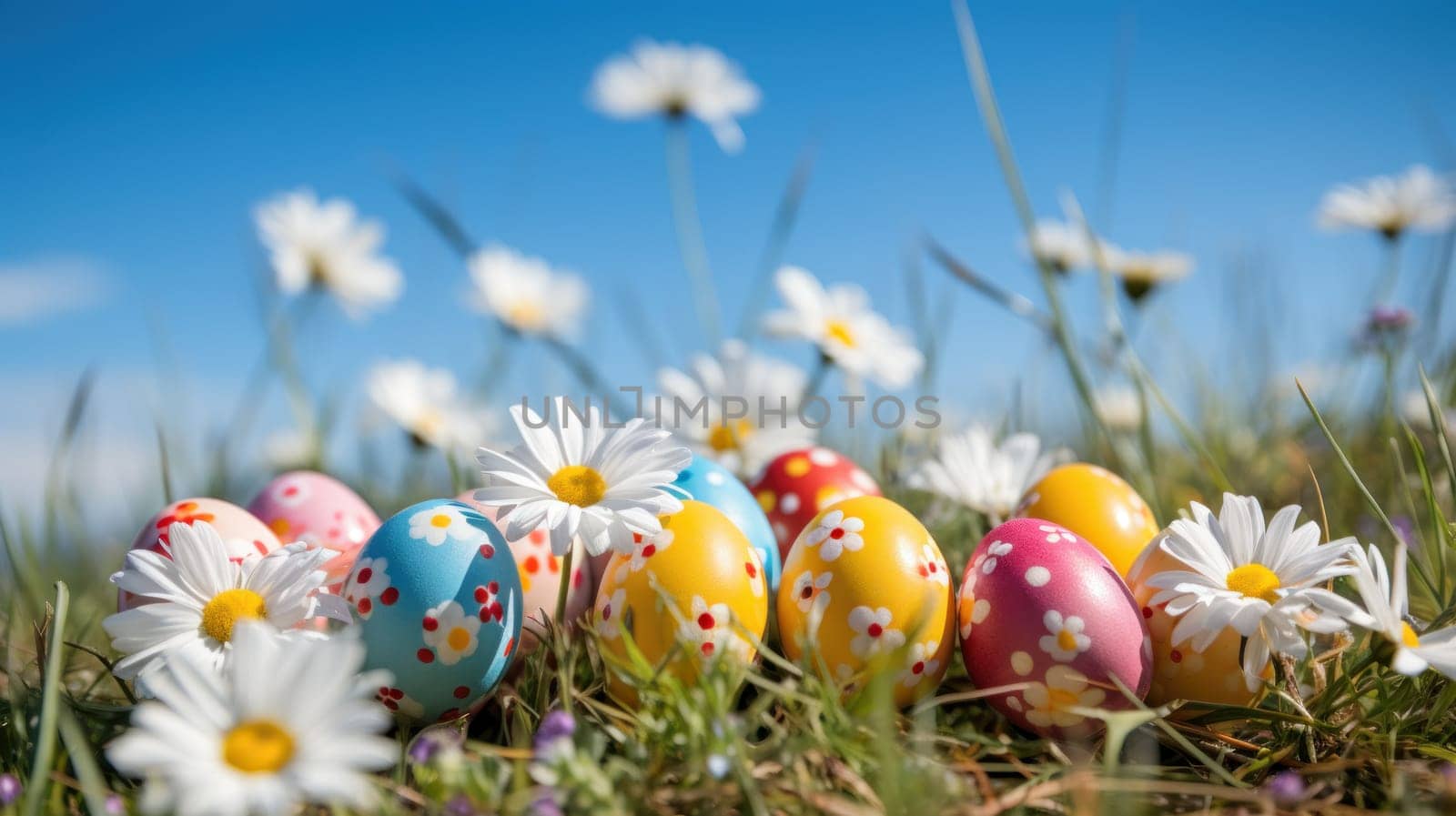 Colorful Easter eggs decorated with flowers in the grass on blue sky. Generative AI.