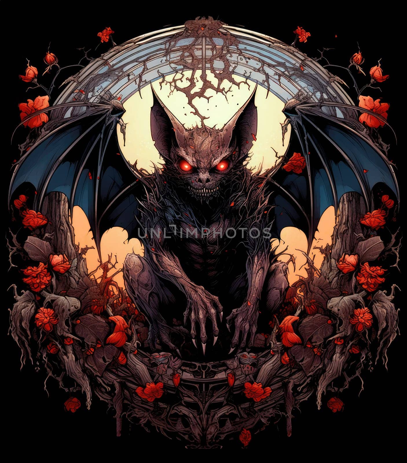 An ominous bat with wings spread. Surrealistic image of a flying vampire monster. Template for poster, t-shirt, sticker, etc.