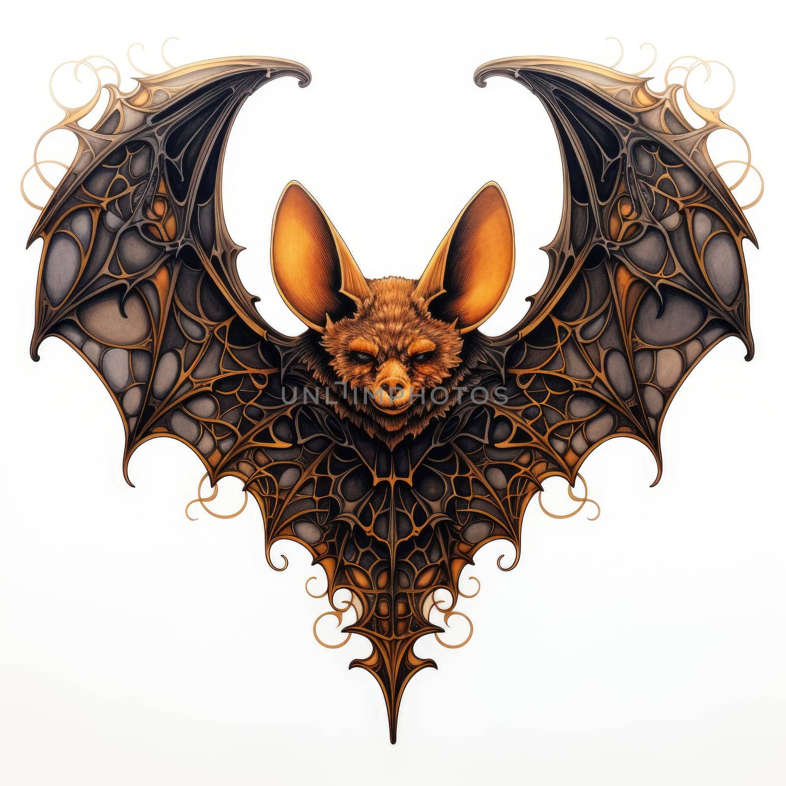An ominous bat with wings spread. Surrealistic image of a flying vampire monster. Template for poster, t-shirt, sticker, etc.