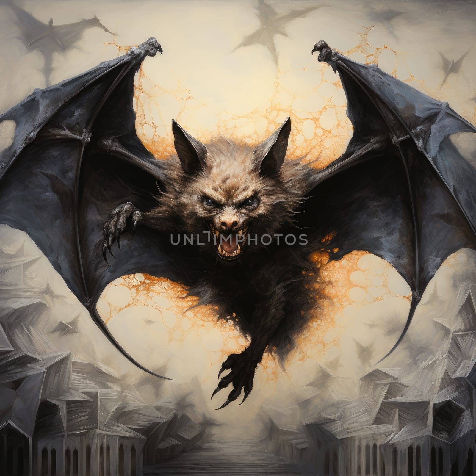 An ominous bat with wings spread. Surrealistic image of a flying vampire monster. Template for poster, t-shirt, sticker, etc.