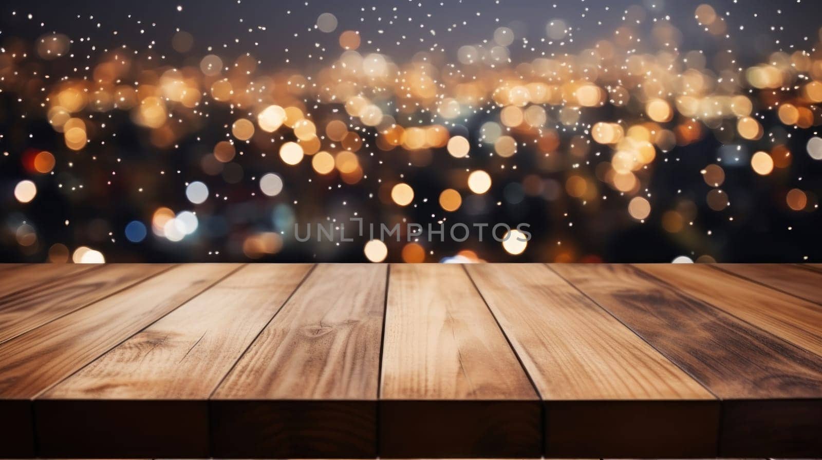 Empty wooden table with blurred background with a city with fireworks on New Year. Generative AI.