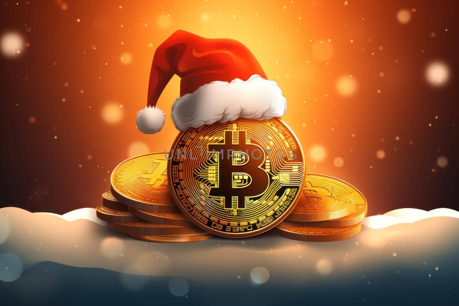 Bitcoin wearing Santa hat Christmas background. Generative AI.