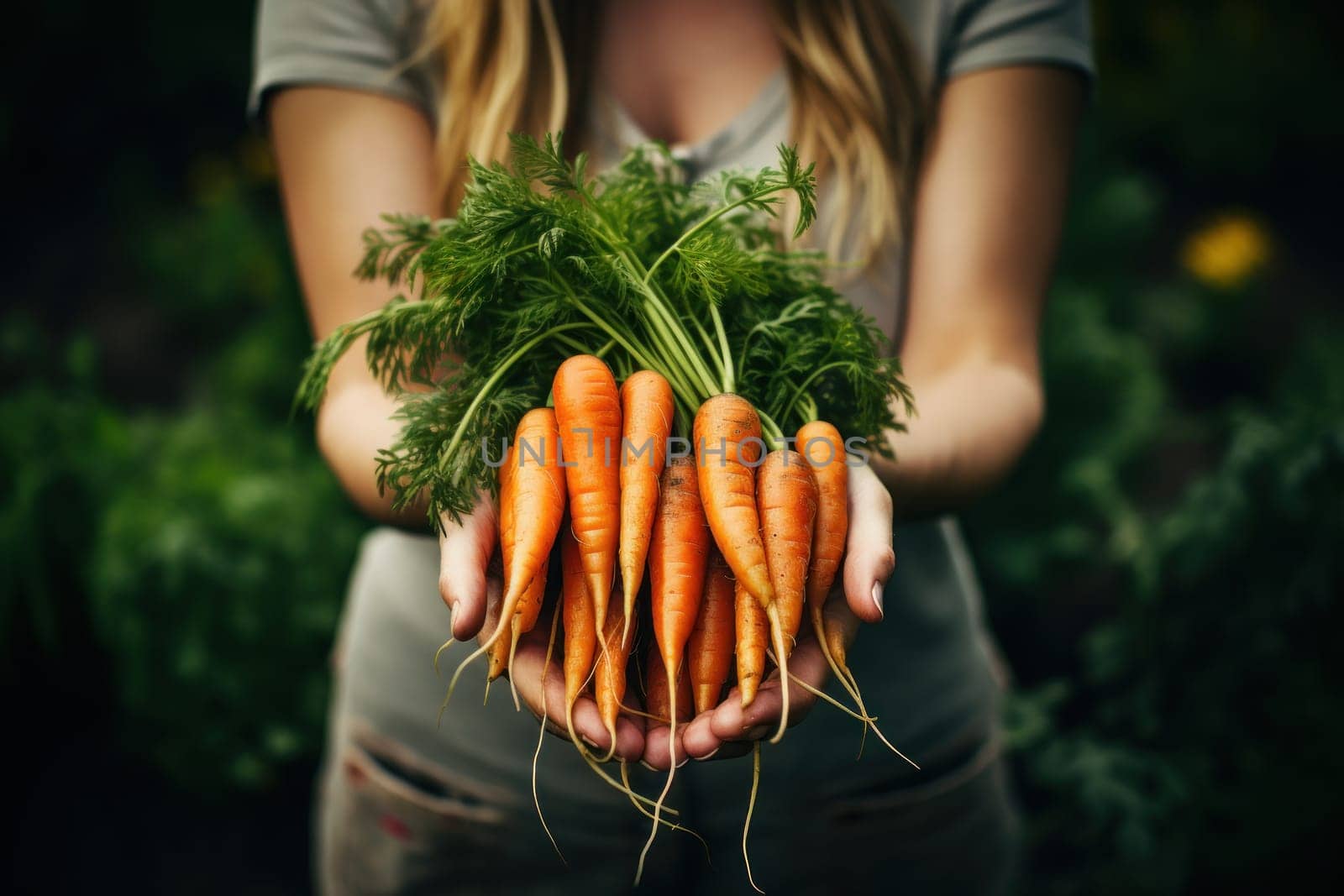 Woman holding carrots harvest on the plant. Generative AI.