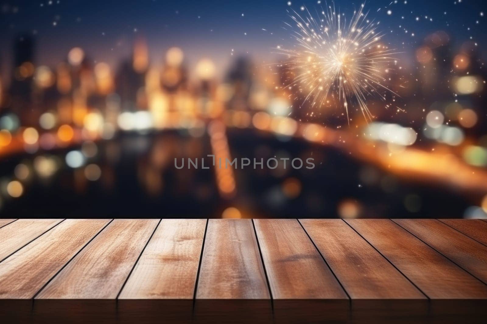 Empty wooden table with blurred background with a city with fireworks on New Year. Generative AI.