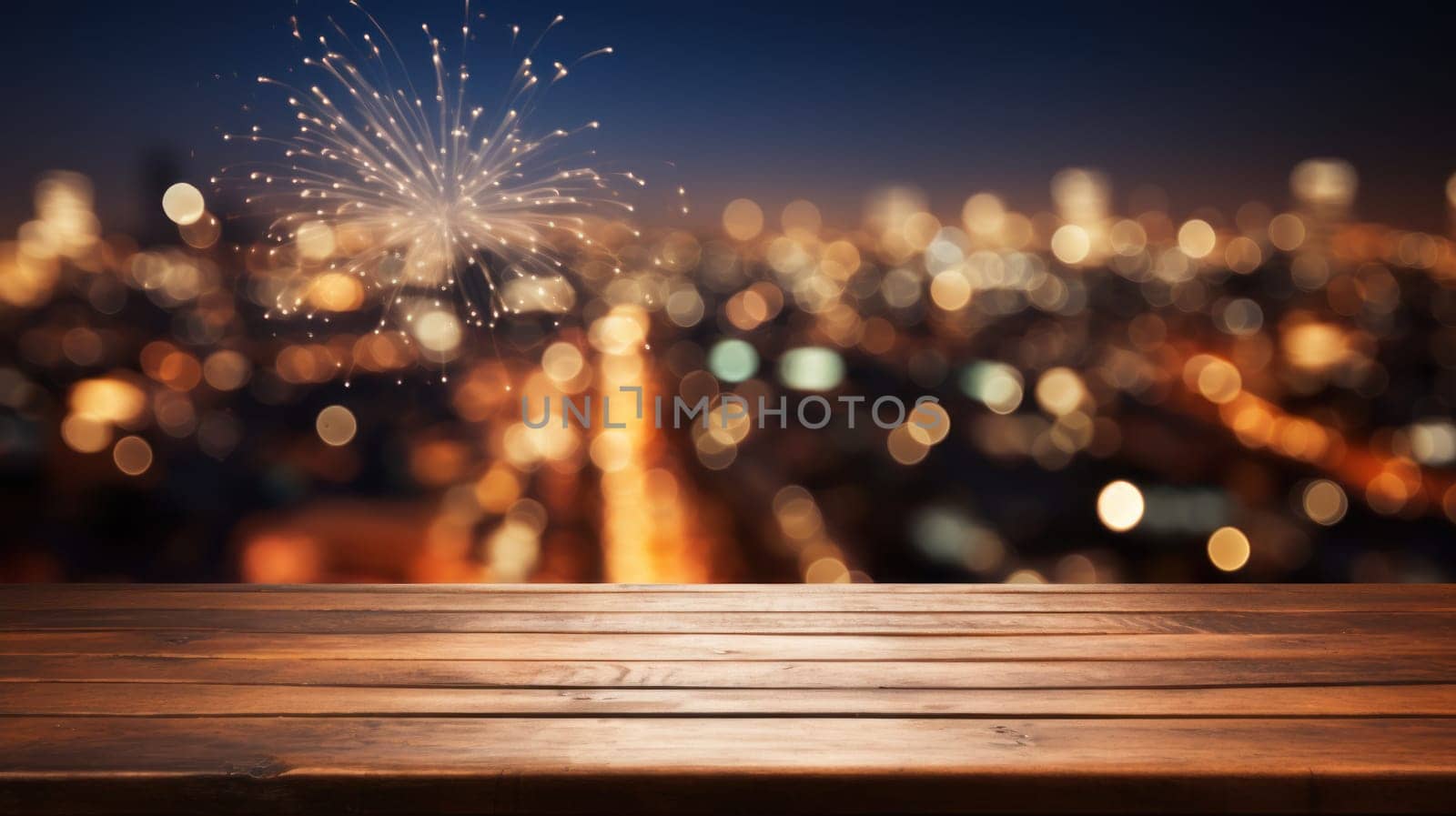 Empty wooden table with blurred background with a city with fireworks on New Year. Generative AI.