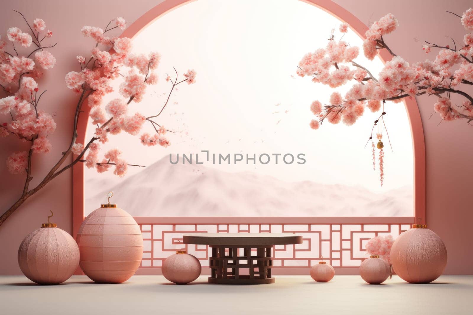 Chinese new year minimal clean spread out arch and podium background. Generative AI.