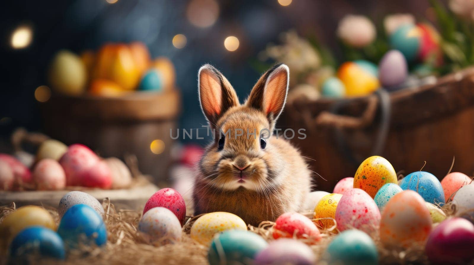 Happy Easter background banner panorama greeting card, colorful rabbits. Generative AI.