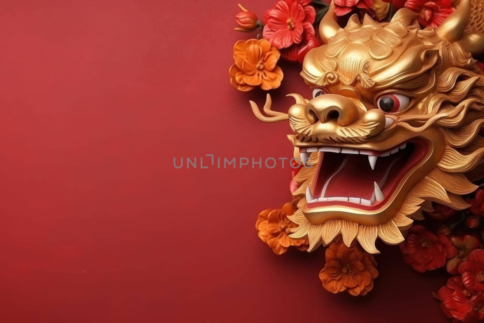 Golden Chinese dragon on red color background. Generative AI.