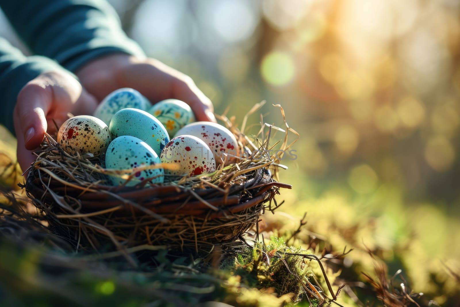 Hand holding Easter Eggs in a Basket on Sunny Spring Background.