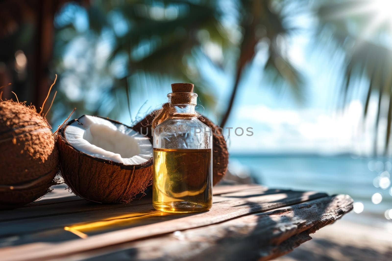 Glass bottle of oil next to coconuts on wooden table top, blurred sunny tropical beach background by golfmerrymaker