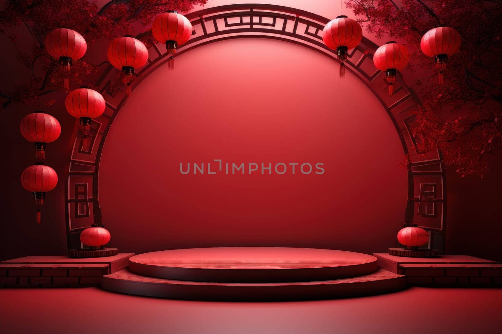 Chinese new year minimal clean spread out arch and podium background. Generative AI.