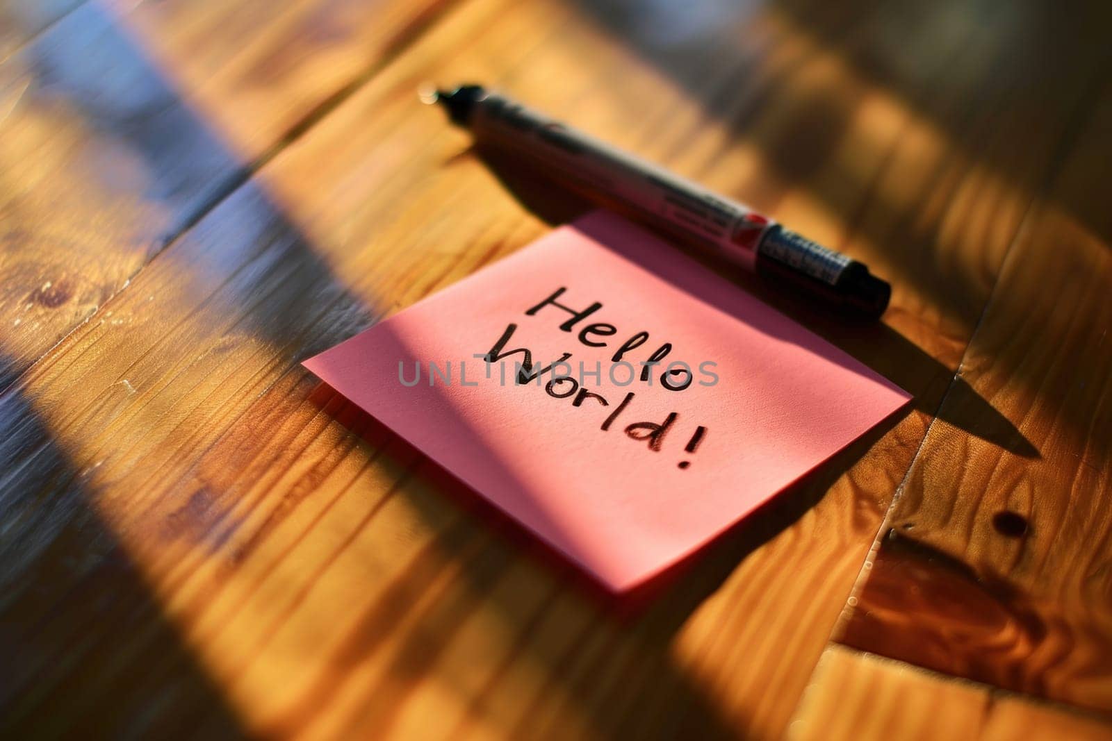 A photo of the text Hello World written with a marker on a sticky note. Generative AI.