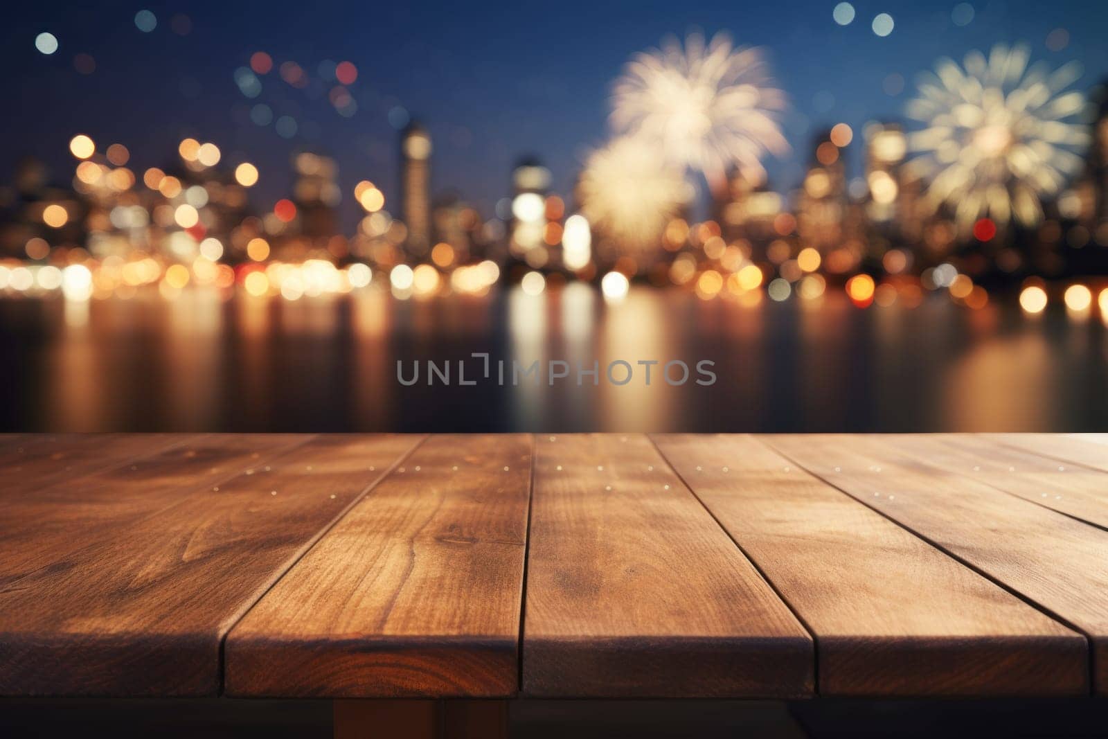 Empty wooden table with blurred background with a city with fireworks on New Year. Generative AI.