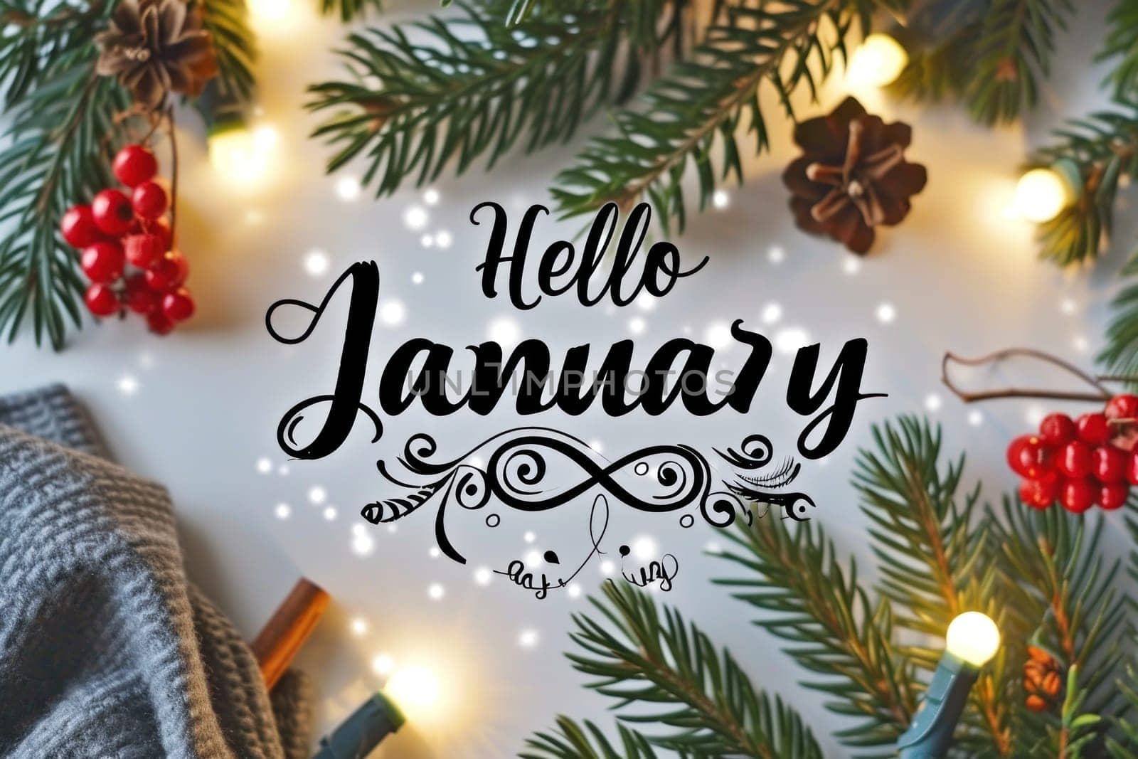 Text Hello January on seasonal background. Generative AI.