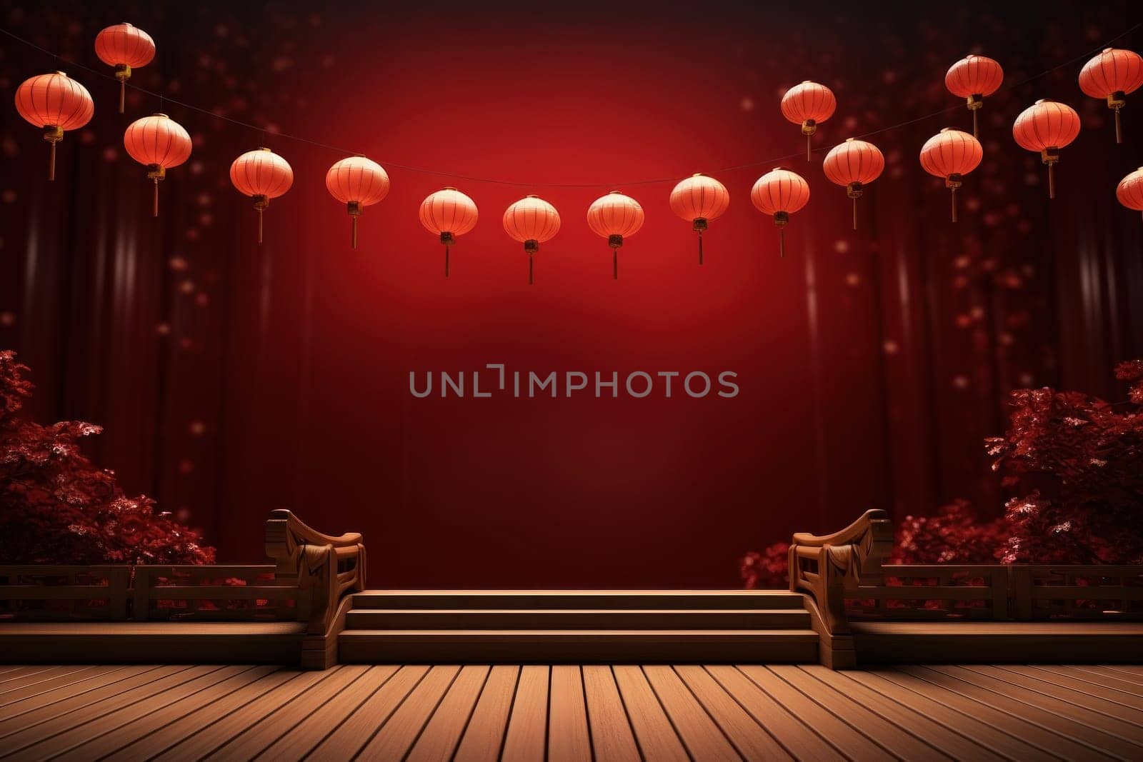 Chinese new year minimal clean spread out arch and podium background. Generative AI.