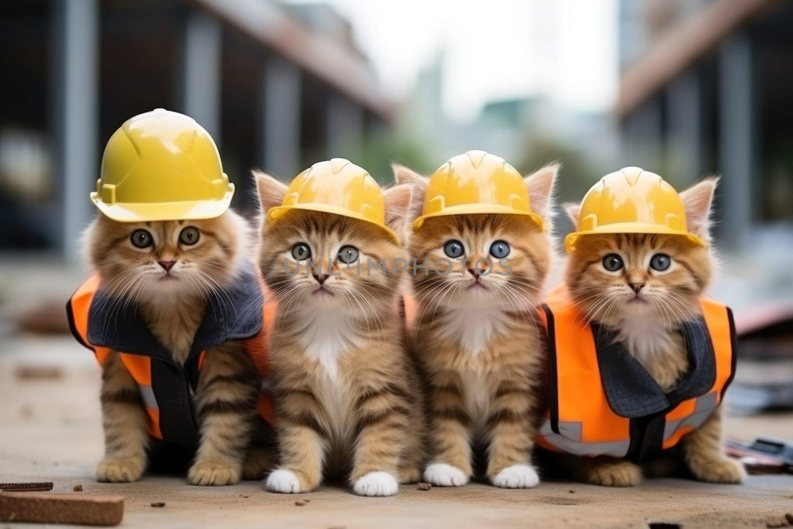 Cats are working in construction site wearing job clothes. Generative AI.