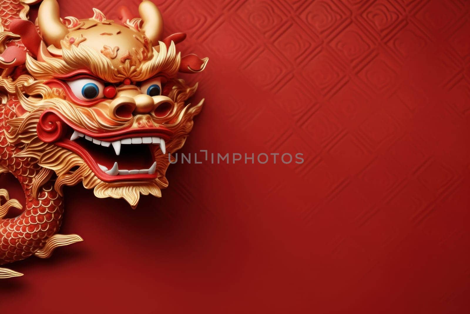 Golden Chinese dragon on red color background. Generative AI.