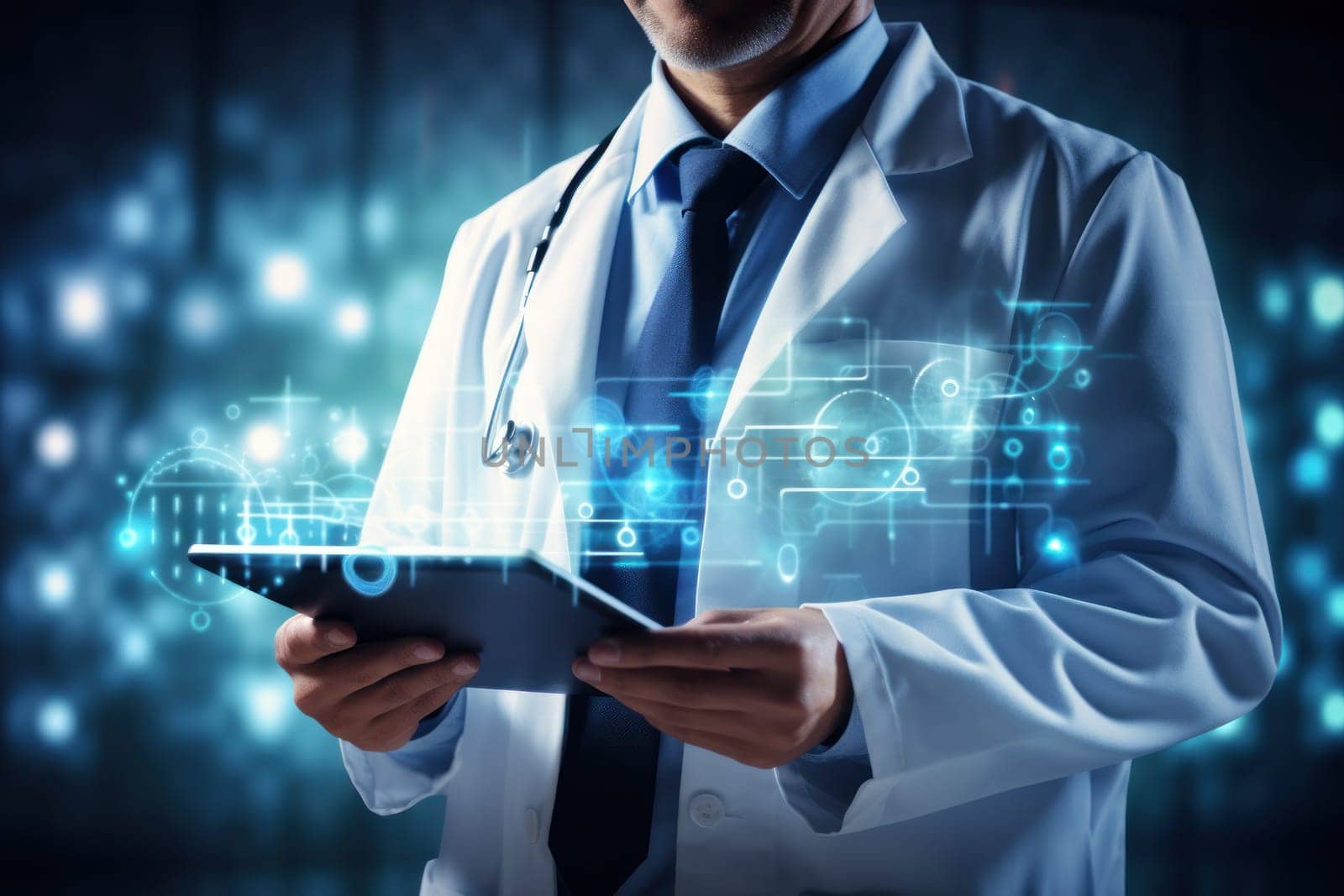 Doctor using digital tablet with health care icons, medical technology background. Generative AI.