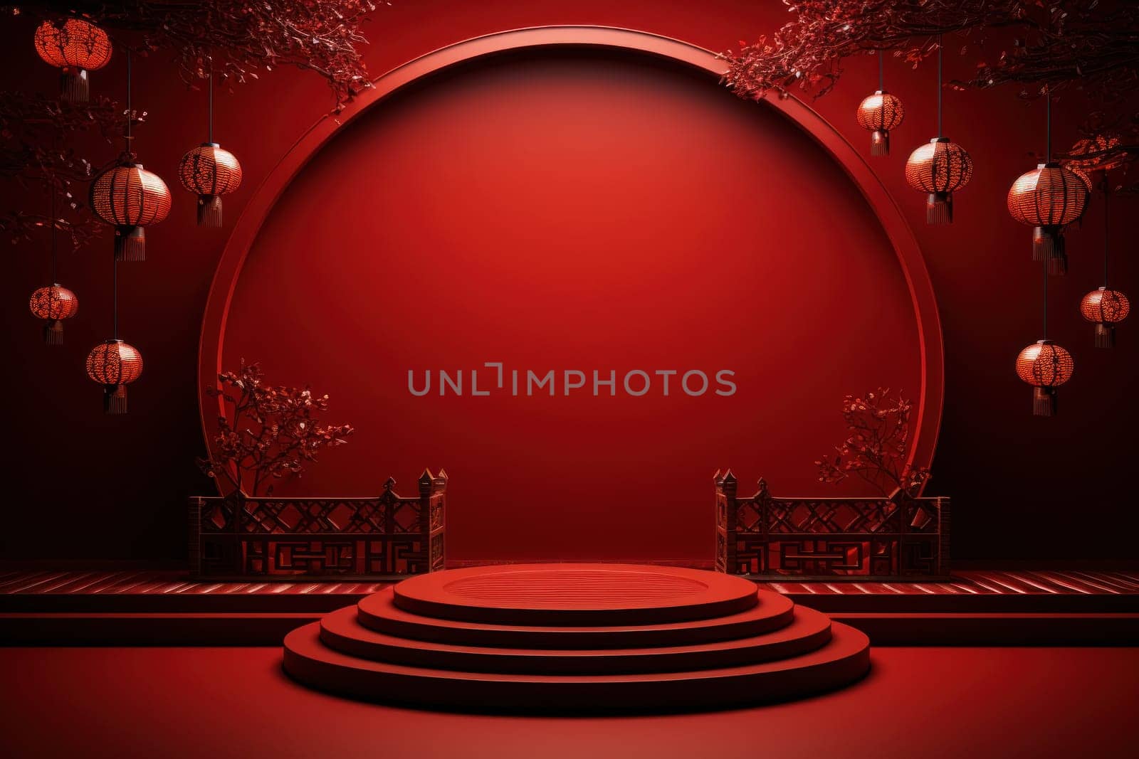 Chinese new year minimal clean spread out arch and podium background. Generative AI.