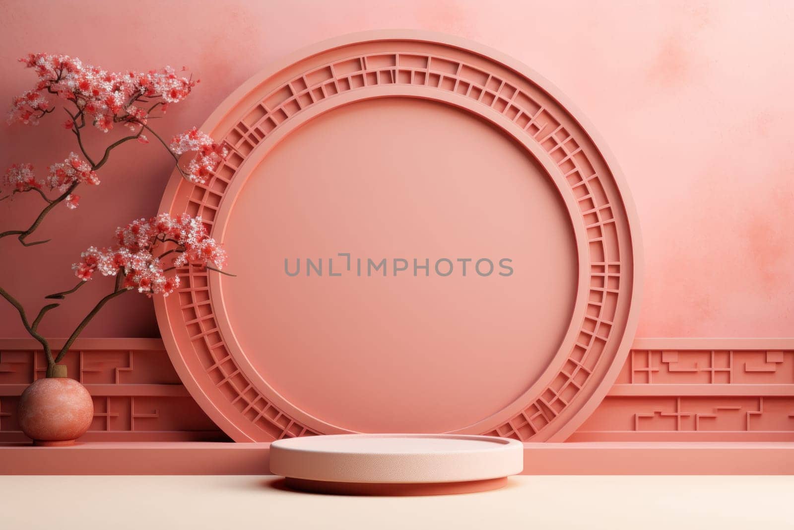 Chinese new year minimal clean spread out arch and podium background. Generative AI.
