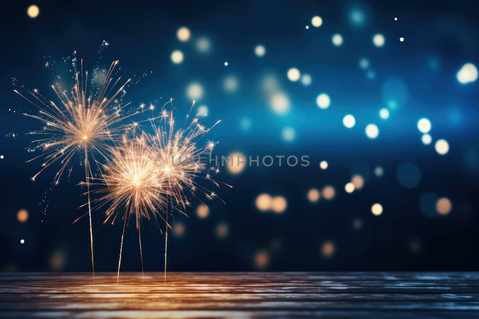 Gold Fireworks and bokeh in New Year eve on dark blue background. Generative AI.