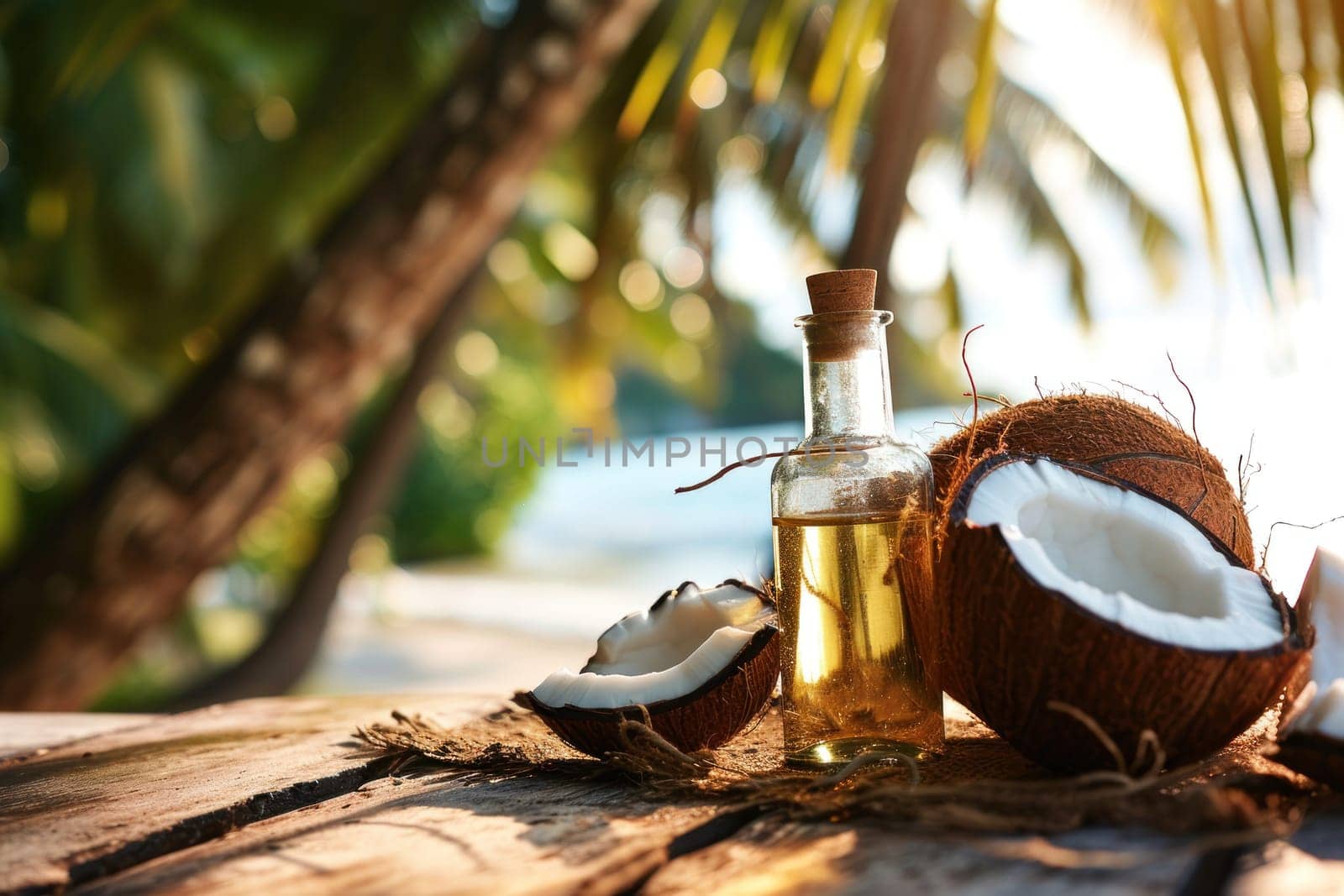 Glass bottle of oil next to coconuts on wooden table top, blurred sunny tropical beach background.