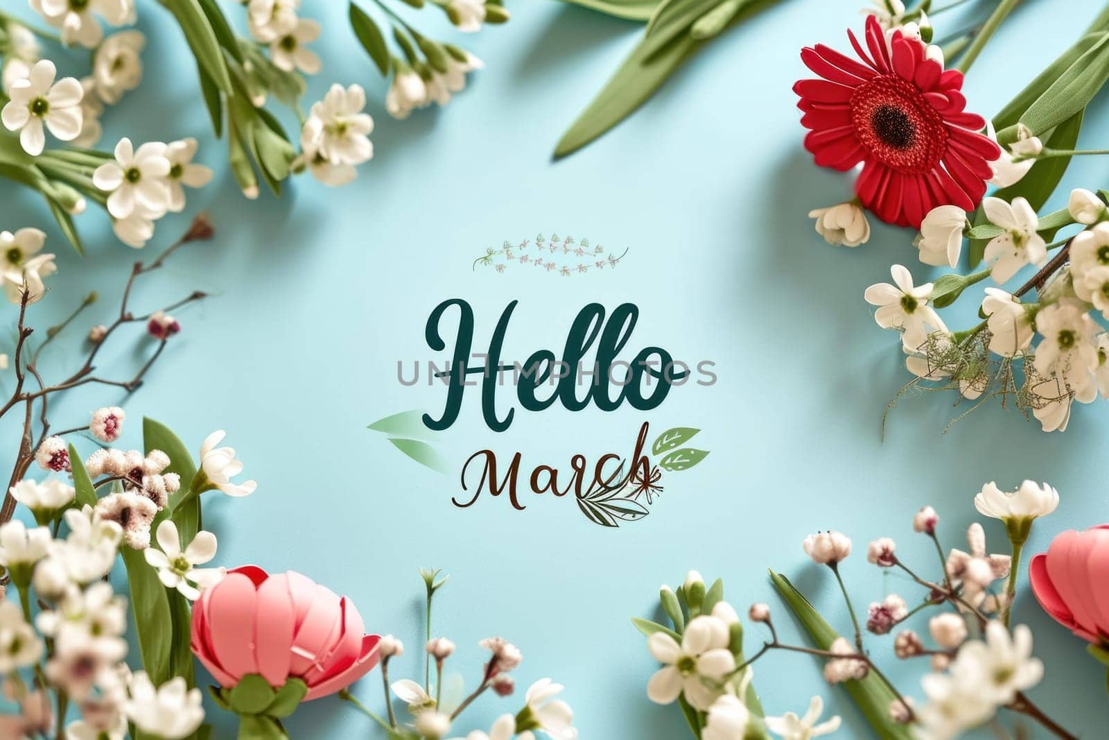 Text Hello March on event seasonal background. Generative AI by golfmerrymaker