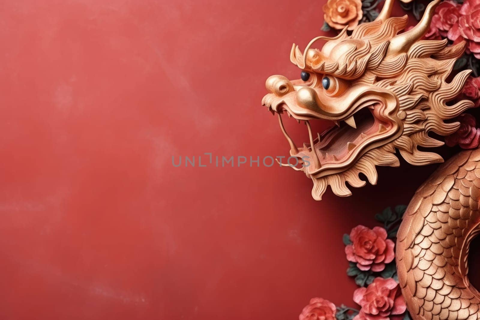 Golden Chinese dragon on red color background. Generative AI.