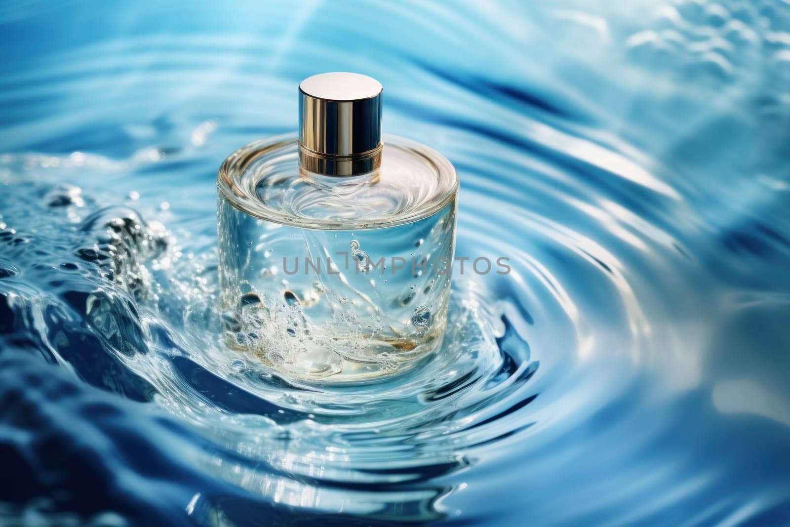 Bottle perfume on the water, clear water waves, white and blue background. Generative AI.